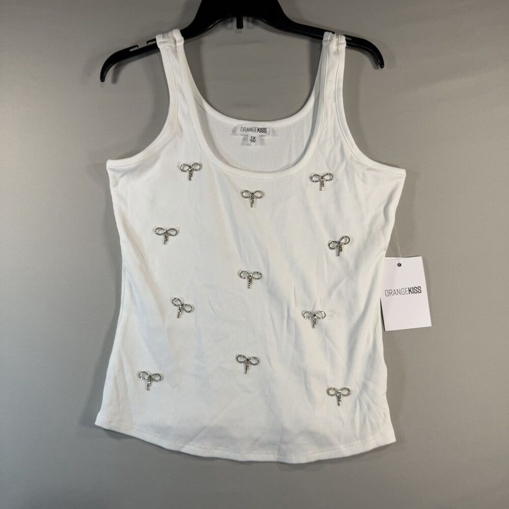 Orange Kiss Woman’s White Tank Top With Silver Rhinestone Bows Embellishments 1X